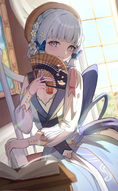 an anime character holding a fan in her hand and sitting on a chair next to a window