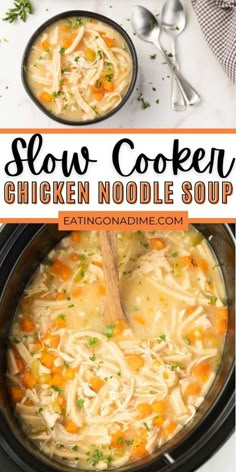 slow cooker chicken noodle soup in a crock pot