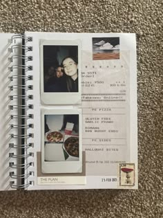 an open spiral notebook with photos and text on the cover, in front of a carpeted area