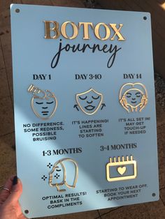 a sign that says botox journey with different facial types on it and instructions for each month