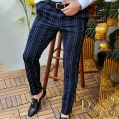 Plaid Pants Mens Business Casual, Trendy Trouser, Mens Trousers Casual, Slim Straight Pants, Elastic Pants, Business Casual Men, Casual Stripes