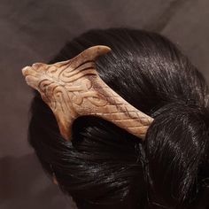 Hair stick for thick hair carved deer antler. This hairpin is perfect for Viking hair jewelry , Fantasy hair accessory or Larp, Elven, Norse pagan, Gothic, historical costume.   Antler hair stick is a hair friendly item that won't snap your hair. It's carefully finished by sanding and coating. This hairpin greatly fixes a hair bun.    If you have shorter or thinner hair, use an elastic underneath and place a antler hairpin on top for decoration functional lengths prongs 5 in ( 13 cм)       total length is 6,1/2 in (16,5 см)   width 2,3/8 in ( 6 см)  It has been sealed, hand rubbed with natural wax to add water repellent qualities and luster though, antler is organic and like wood should not be in a wet environment. Do not wash, a periodic waxing with a soft cloth or mineral oil wipe down w Dragon Hair Pin, Gothic Viking, Dragon Hair, Viking Hair, Norse Pagan, Hair Fork, Fantasy Hair, Hair Stick, Deer Antler