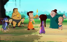 an animated scene with people and monkeys in the park, one holding a candle while others look on