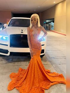 prom Orange Prom Dresses Black Women, Prom Dresses Orange, Prom Cars, Black Prom Dresses Mermaid, Orange Prom Dress, Orange Prom Dresses, Dresses Orange