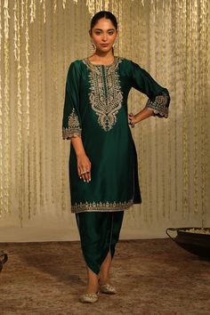 Shop for these amazing collections of Emerald Green Kurta: Silk Chanderi Amayra And Dhoti Pant Set For Women by Sheetal Batra online at Aza Fashions. Kurta Set For Women, Dhoti Pants, A Line Kurta, Embroidered Pants, Satin Color, Kurta With Pants, Fashion App, Silk Organza, Kurta Set