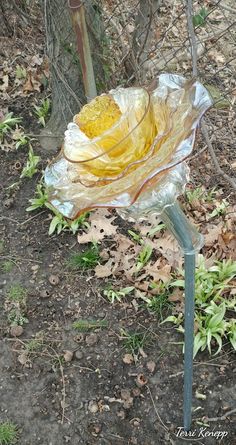 a yellow flower sitting on top of a leaf covered ground next to a metal pole