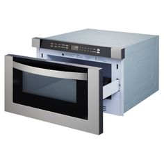 two microwave ovens side by side with one open and the other closed, sitting on top of each other