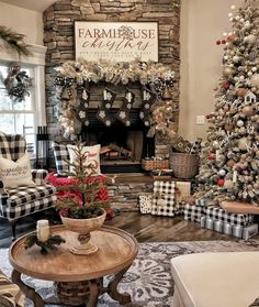 the living room is decorated for christmas with plaid furniture and holiday decorations on the fireplace mantel