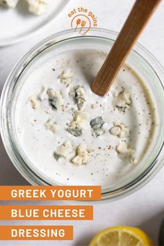 greek yogurt blue cheese dressing in a glass bowl