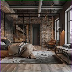 ADD GEOMETRIC TILES LIKE HEXAGONS OR CHEVRONS ON WALLS OR FLOORS TO GIVE YOUR BATHROOM A MODERN AND VISUALLY EXCITING LOOK. Rugs Under Dining Table, Moody Bedroom Ideas, Industrial Bedroom Design, Bedroom Ideas For Men, Industrial Style Interior, Moody Bedroom, Guest Bedroom Decor