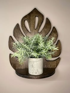 a potted plant sitting on top of a wooden shelf