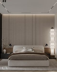 a modern bedroom with white and beige decor