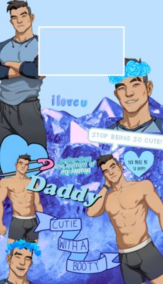 two men standing next to each other in front of a blue background with the words daddy and