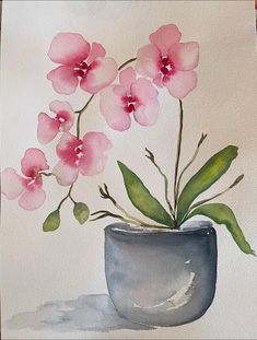 a painting of pink flowers in a gray vase on a white background with watercolors