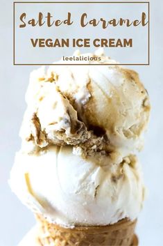 two scoops of ice cream with the words salted caramel vegan ice cream