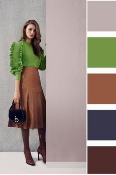 Dark Brown Color Combinations Outfits, Color Matching Clothes Women, Green And Brown Outfit, Brown Colour Combination, Color Matching Clothes, Colour Combinations Fashion, Color Combos Outfit, Color Blocking Outfits, Color Combinations For Clothes