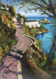 an oil painting of a winding road by the ocean with houses and trees on either side