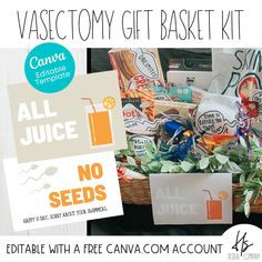 a basket filled with lots of different types of food next to a sign that says, vasctoryy gift basket kit