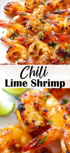 grilled shrimp on a white plate with lime wedges