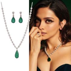 Experience elevated style with our exquisite Deepika Padukone Inspired Emerald Doublet Necklace. Crafted meticulously using American Diamonds and featuring a captivating emerald doublet, this piece of Indian diamond jewelry truly embodies sophistication. The alluring green pendant necklace effortlessly adds a touch of glamour, making it the ultimate statement accessory for any occasion. Immerse yourself in the allure of Bollywood-inspired beauty and grace with this enchanting necklace.  *𝐏𝐑𝐎𝐃𝐔𝐂𝐓 𝐃𝐄𝐓𝐀𝐈𝐋* * Material: Brass * Plating: White Rhodium Plated * Stone: AAA Quality Diamond & Emerald Doublet. *𝐃𝐈𝐌𝐄𝐍𝐒𝐈𝐎𝐍𝐒* *Necklace* * Weight:  31 gm  * Chain Length: 12 Inches *Pendant* * Chain Length: 1.2 Inches * Width: 0.4 Inches *Earrings* * Weight: 5 gm Each * Length:  2.1 Formal Green Necklace With Detachable Pendant, Diksha Rawat, Emerald Necklace Indian, Green Diamond Necklace, Green Emerald Necklace, Indian Diamond Jewellery, Emerald Green Necklace, Green Pendant Necklace, Sabyasachi Jewellery