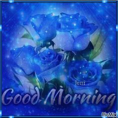 blue roses with the words good morning on it and stars in the sky behind them