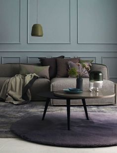 a living room with a gray couch and rug on the floor next to a coffee table