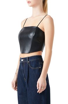 Make a sizzling statement on your next night out in this fitted crop top crafted from sleek faux leather. Back zip closure Square neck Spaghetti straps Lined 100% polyester with polyurethane coating Hand wash, line dry Imported Chic Cropped Crop Top With Zipper, Cropped Zipper Closure Crop Top For Night Out, Cropped Crop Top With Zipper Closure For Night Out, Sleek Party Crop Top, Chic Leather Crop Top, Trendy Fitted Faux Leather Top, Trendy Fitted Faux Leather Tops, Edgy Fitted Faux Leather Top, Fitted Faux Leather Edgy Tops