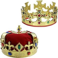 Adjustable King Crowns Royal King Crown Bejeweled Gold Crowns 2 Pack - Funny Party Hats. This King's Dress-Up Set is a truly royal costume. Great to Match most king's costumes or just use it as a Fun Dress Up Set. 1 crown is red with gold and colorful jewels. Very Comfortable, one size fits most. The Second Crown is Gold with Beautiful Colorful Jewels in Colors a True Royal Set!! Great for Mardi Gras, Halloween, Birthday Parties, Baby Showers, Theatrical Productions or Just for Some Fun Dress-Up Crowns Royal, King Crowns, King Queen Prince Princess, Boy Crown, Gold Crowns, King Dress, Royal Costume, King Costume, Prince Crown