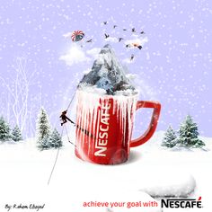 a red coffee mug filled with ice on top of snow covered ground