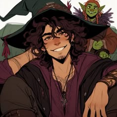 a man with long hair wearing a witches hat and holding his hand on his shoulder