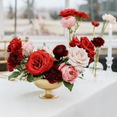 Red Currant DIY Wedding Centerpiece by Flower Moxie Carnations And Roses Centerpieces, Red Flower Table Centerpieces, Red Centerpieces For Party, Red Flowers Centerpieces, Red Rose Wedding Centerpieces