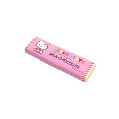 a pink chocolate bar with hello kitty on it's wrapper and the words milk chocolate