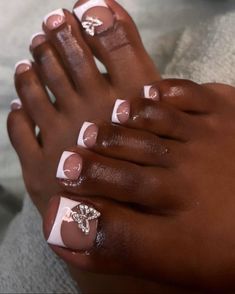 Vacation Nails And Toes, Cute Acrylic Toe Designs, Double French Tip Toes, White Toes Pedicure With Design, Toes Nail Designs, French Toes With Rhinestones, White Toes With Gems, Pedicure Acrylic Toenails, French Tip Toes With Gems