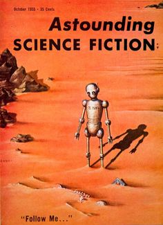 an orange book cover with a robot walking in the desert and another person standing on top of it