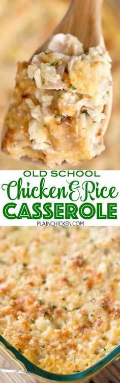 chicken and rice casserole in a glass dish with a wooden spoon on top