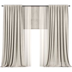 an open window with white curtains and light grey drapes on the windowsills