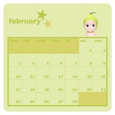 a calendar with an image of a baby doll on the front and back side, in green