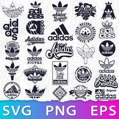 various logos and emblems for the adidas brand on a white background with multicolored paper