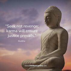 buddha sitting in lotus position with the quote seek not revenge karma will ensure justice prevails