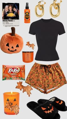 a woman's halloween outfit with pumpkins and other items