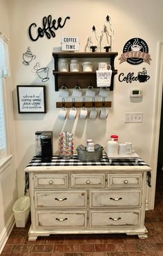 the coffee bar is decorated with black and white designs