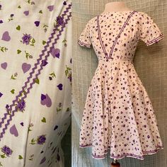 "Era: late 50s/early 60s Brand/maker: unlabeled, possibly homemade Fabric content: assumed cotton or possibly a cotton blend Condition: excellent, small faint spot on skirt, not noticeable, see photos. This item is washed and ready to wear. Fits like: x small Chest: 31/32\" Waist: 24\" Hip: 56\" Length: 33\" Shoulder to waist: 12\" Please contact me with any questions and take a look at my other items!" White A-line Vintage Cotton Dress, 1970s Cotton Vintage Dress For Daywear, Fitted Cotton Vintage Dress For Daywear, Spring Vintage Fitted Cotton Dress, Fitted Cotton Vintage Dress For Spring, Spring Vintage Cotton Fitted Dress, Fitted Cotton Vintage Dress For Garden Party, Cotton A-line Vintage Dress, 1950s Cotton Dress With Vintage Pattern