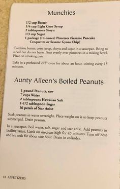 an open recipe book with instructions on how to make munchies and other ingredients