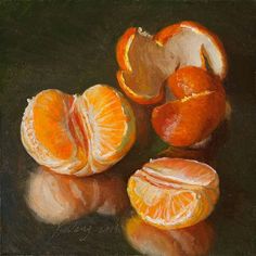 an oil painting of oranges on a black background