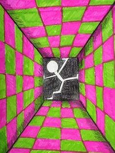 a drawing of a person standing in the middle of a room with pink and green squares