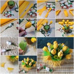 many different pictures of yellow flowers and green leaves