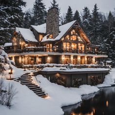 a large house covered in snow next to a lake