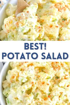 potato salad in a white bowl with the words best potato salad on top and bottom