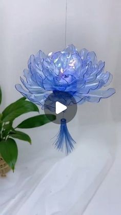 a blue glass flower is hanging from a string on a white surface next to a potted plant