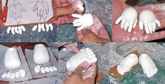 hands and feet made out of white clay on top of a table with other handmade items